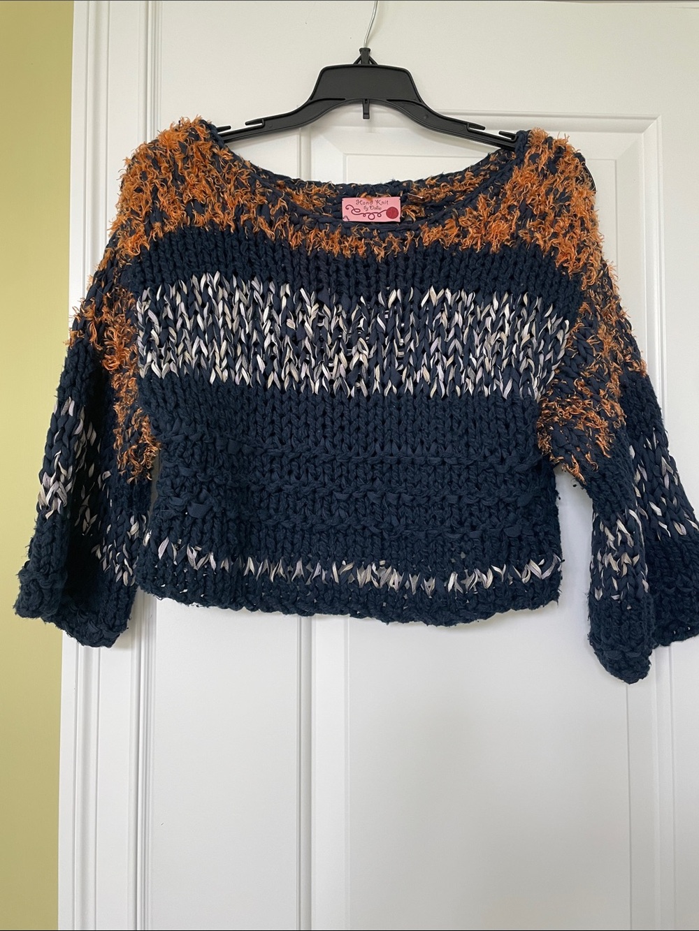 Chunky Navy and Orange Mixed-Stitch Women's Scoop Neck Sweater
